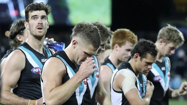 Port Adelaide didn’t make the most of its perceived ruck advantage with Scott Lycett (left) and Paddy Ryder working together on Saturday night. Picture: Sarah Reed.