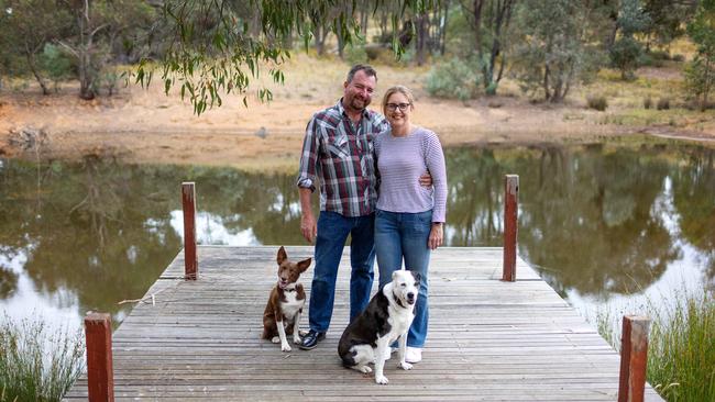 Victorian Premier Jacinta Allan at home with husband Yorick and dogs Mindi and Maximus on their property outside Bendigo. Picture: Mark Stewart