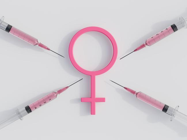 a 3d rendering of prominent pink female gender symbol and a syringe with pink liquid drug inside of it