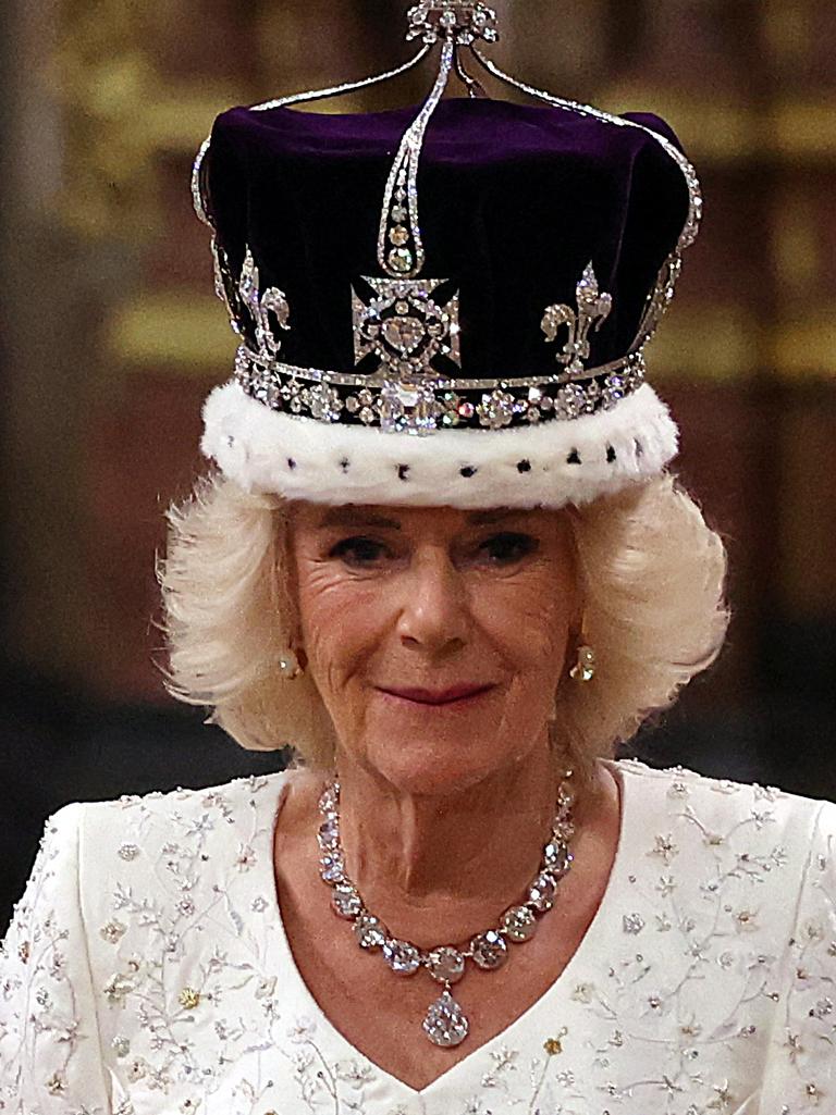 Britain's Camilla walks wearing a modified version of Queen Mary's Crown during the Coronation Ceremony. Picture: Richard Pohle/AFP