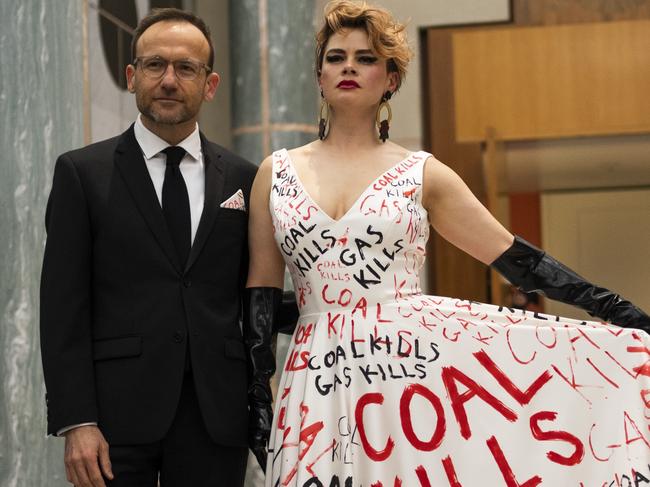 Adam Bandt and Claudia Perkins arriving at the Midwinter Ball at Parliament House in Canberra. Picture: Martin Ollman