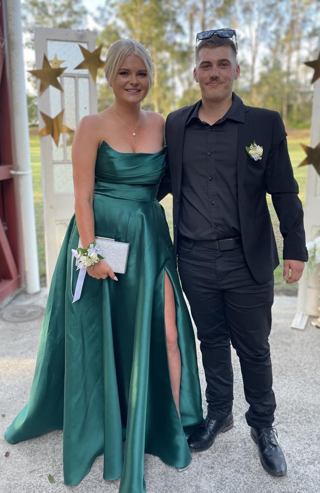 Montana Cotter and Daly Green arrive at the 2024 Gympie State High School graduation formal.