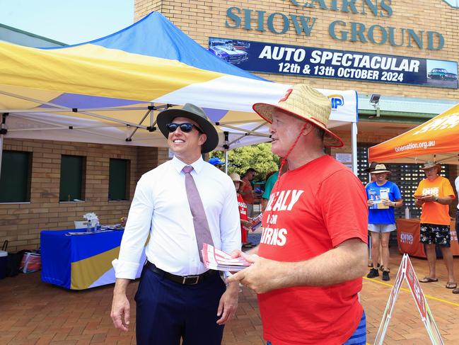 Premier Steven Miles campaigns in Cairns with Tourism Minister Michael Healy. Picture: Adam Head