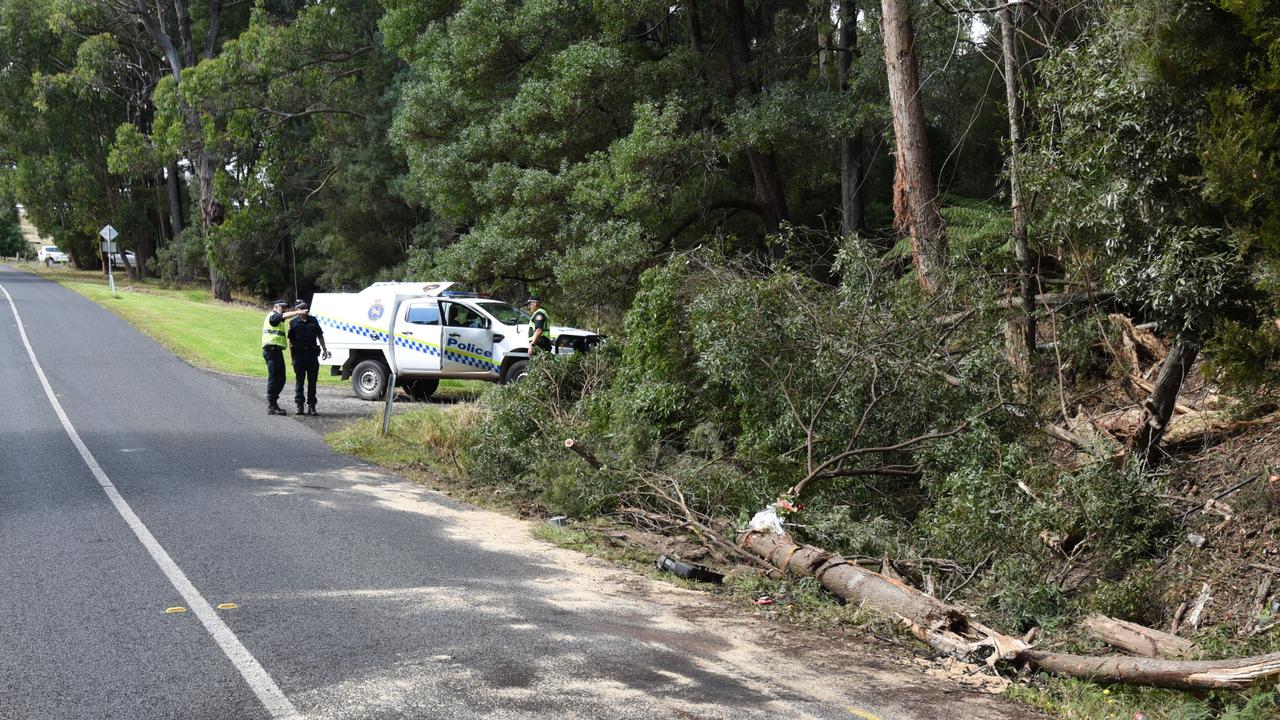 Floral tributes and vehicle detritus at the scene of the double fatal rollover at Somerset, March 11, 2022. Picture: Alex Treacy.