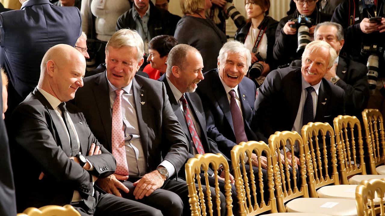 Kerry Stokes (fourth from left) attends a Donald Trump press conference during his first presidency. Picture: Nathan Edwards