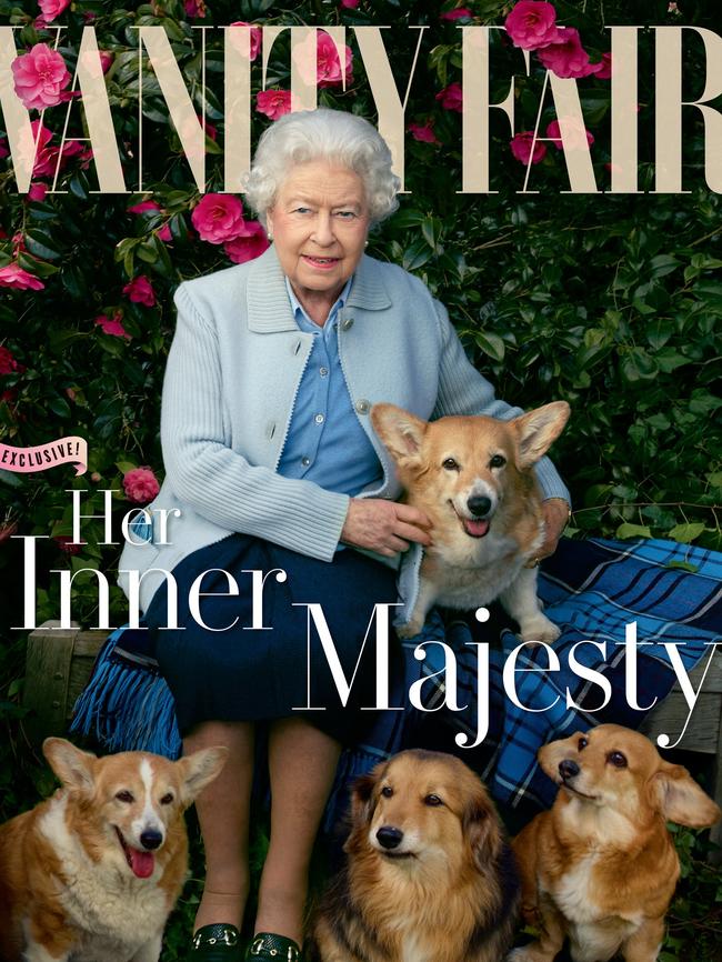 Queen Elizabeth II on the cover of Vanity Fair with her pet dog corgis, 2016. Picture: Annie Leibovitz/Vanity Fair