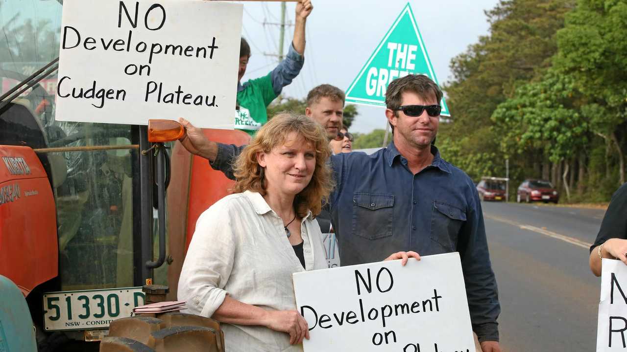 Tweed District Mayor Katie Milne and James Paddon at this mornings protest outside the site of the new Tweed Valley Hospital at Cudgen. Photo Scott Powick. Picture: Scott Powick