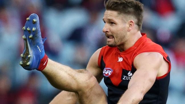 Melbourne's Jesse Hogan kicks at goal. Picture: Michael Klein