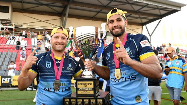 BRISBANE, AUSTRALIA - OCTOBER 10: Tyrone Roberts and Nene McDonald of the Devils celebrate victory after the 2021 QRL Intrust Super Cup Grand Final match between the Norths Devils and the Wynnum-Manly Seagulls at Moreton Daily Stadium on October 10, 2021, in Brisbane, Australia. (Photo by Bradley Kanaris/Getty Images)