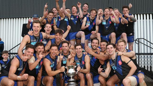 Uni Blues celebrate their victory in this year’s VAFA Premier Division grand final.