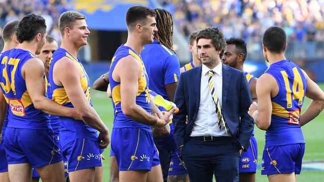 Andrew Gaff of the Eagles (third from right) after the Eagles beat the Demon at Optus Stadium in the preliminary final. Picture: AAP Image/Julian Smith