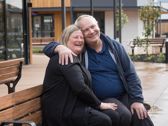 Garry Collins a resident of Korongee (a village for people living with dementia ) with his wife Mae. Photographed in one of the plaza areas of the facility in the Hobart suburb of Glenorchy.15/10/2020photo - Peter Mathew