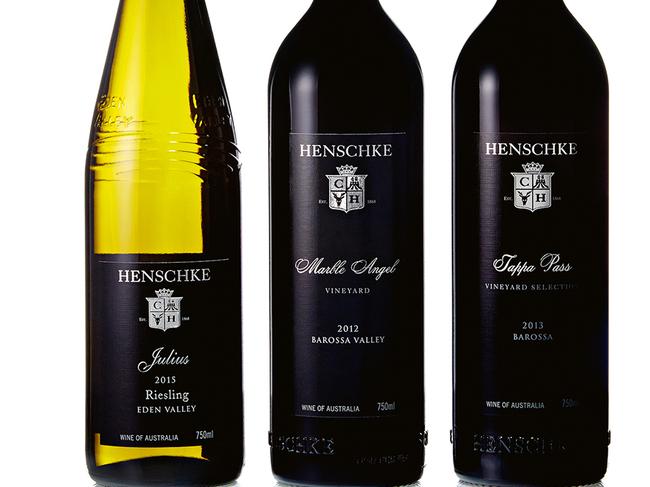 TWAM-20160213 EMBARGO FOR TWAM 13 Feb 2016 NO REUSE WITHOUT PERMISSION 2015 Henschke Julius Eden valley reisling, 2012 Henschke Marble Angel Vineyard Cabernet Sauvignon, 2013 Henshcke Tappa Pass Vineyard Selection Eden Valley Shiraz Pic : supplied