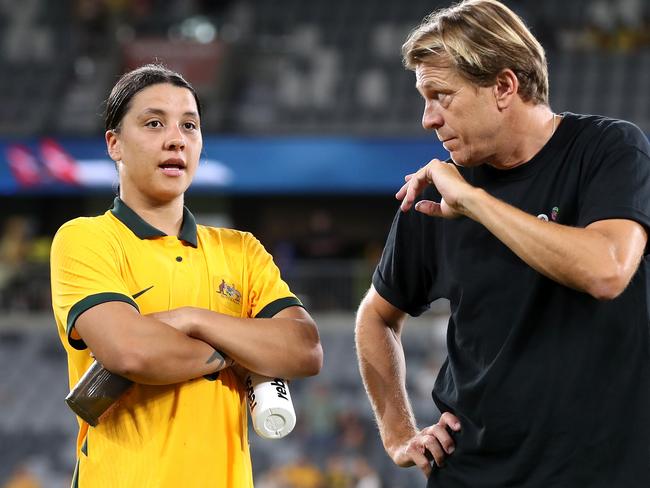 Gustavsson speaks with Sam Kerr after a match during the 2023 Cup of Nations. Picture: Brendon Thorne/Getty Images.