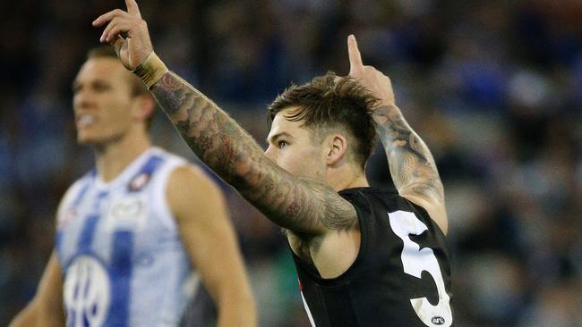 AFL Round 9 - Collingwood v North Melbourne at MCG . Jamie Elliott celebrate's one of his 5 goals. 31st May 2015. Picture: Colleen Petch.