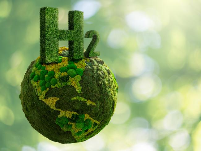 Symbol of Hydrogen H2 from grass and green planet Earth from moss