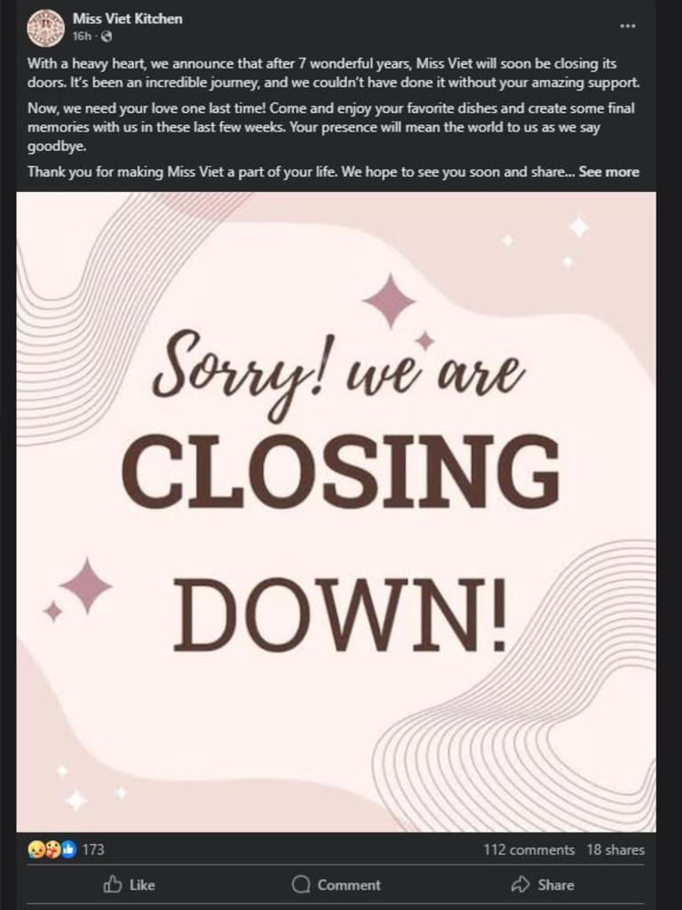 The business announced its imminent closure with “a heavy heart.” Picture: Facebook