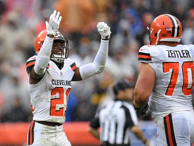 Denzel Ward (L) celebrates after intercepting a pass during the second quarter. Picture: AFP