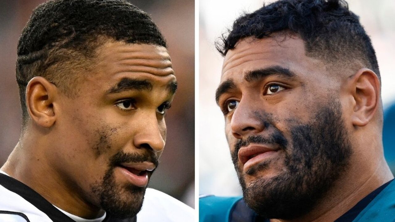 Jordan Mailata (R) has a big heart, but Jalen Hurts' comment broke it. Image: Getty