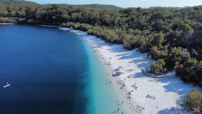 Aerial view of Lake McKenzie located on K'gari