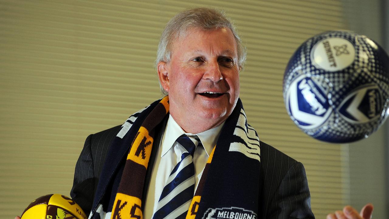 Melbourne Victory's Chairman Geoff Lord with his Hawthorn and Melbourne Victory gear.