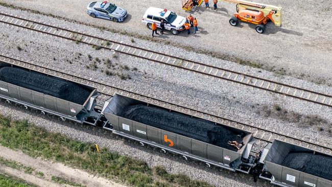 Bowen police arrested six protesters who disrupted trains transporting coal from the Carmichael coal mine on Tuesday, November 30 2021. Picture: Supplied