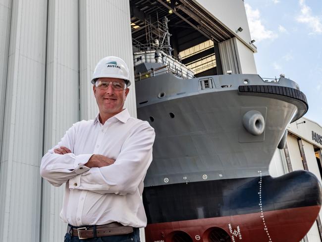 Austal chief executive Paddy Gregg in front of the first steel-hulled vessel Austal has built for the US Navy. Picture: Tad Denson