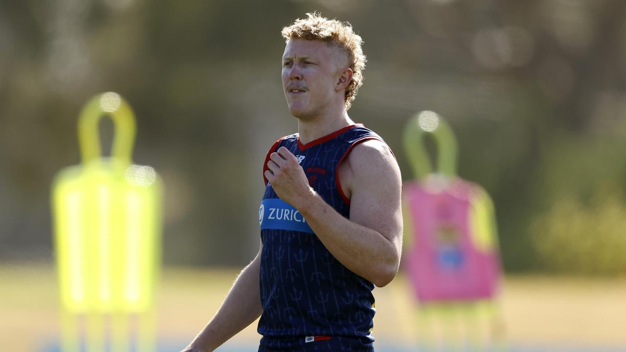 Clayton Oliver at Melbourne training on Monday ahead of his once-unlikely Opening Round return following a difficult summer. Picture: Darrian Traynor / Getty Images