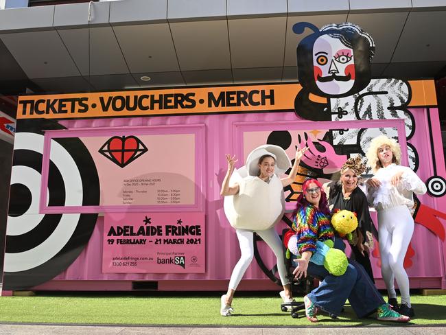 17/12/20. Adelaide Fringe artists at the Fringe Box Office in Rundle Mall for 2021 program launch - Erin Fowler - "Egg", Kat Placing - "Bubba-Licious", Boo Dwyer - "Petty Bitches" and  Oliver Nilsson - "V-Baroque".Picture: Keryn Stevens