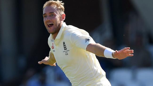 Stuart Broad takes flight. Picture: AFP