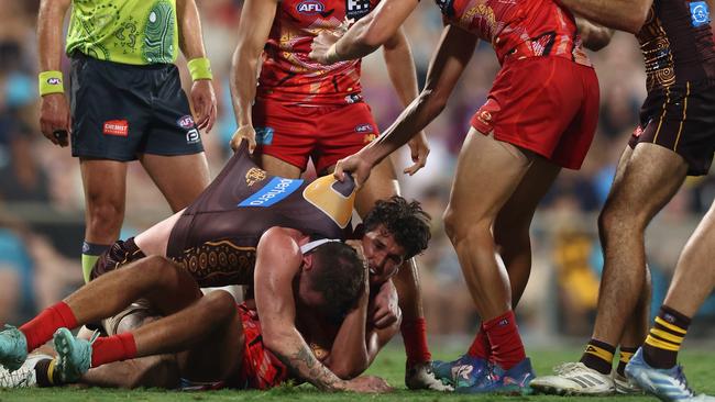 Jai Newcombe got wrestled to the ground after the goal. Photo by James Wiltshire/AFL Photos via Getty Images.