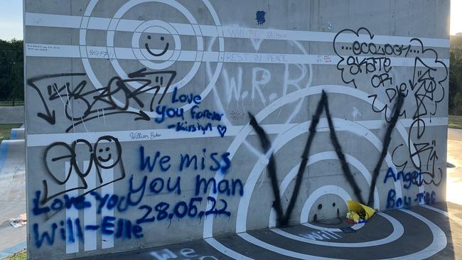 Tributes and messages at the Camilleri St skate park to Eimeo teen William Baker. Picture: Tara Miko