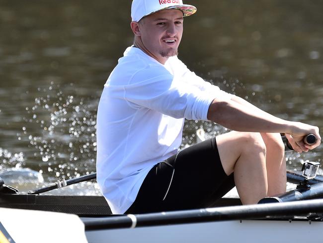 Australian rider MotoGP rider Jack Miller has a rowing lesson with the Richmond Rowing Club on the Yarra River in Melbourne on Wednesday.