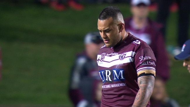 Addin Fonua-Blake walks from the field after abusing referee Grant Atkins on Sunday. Picture: Fox Sports