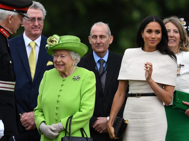 Queen Elizabeth II and Meghan, Duchess of Sussex arrive to open the new Mersey Gateway Bridge without her husband, Prince Harry. Picture: Getty