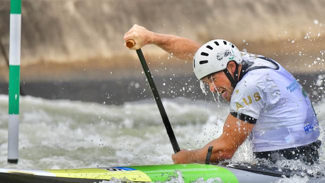 Tasmanian Daniel Watkins in action at the Australian Open Canoe Slalom in Penrith. Picture: COL BOYD