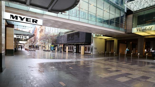 Sydney’s Pitt Street mall deserted during lockdown. Picture: Gaye Gerard