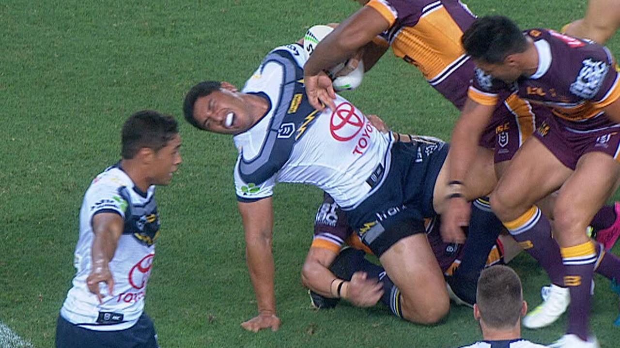 Jason Taumalolo suffers a knee injury against the Broncos.