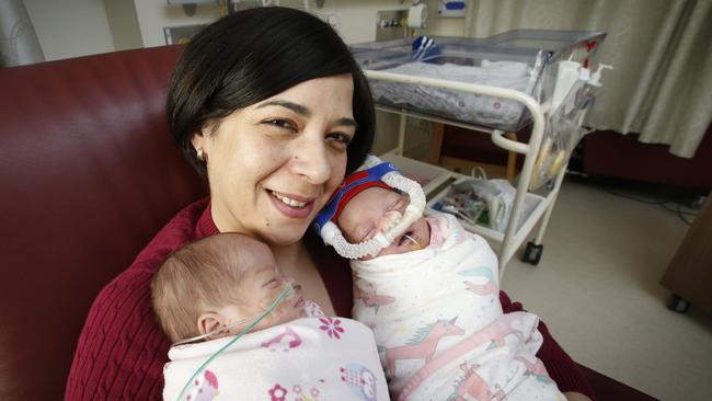 Concetta Tartaglia with Marta and Sara at the Royal Women's Hospital. Picture: David Caird