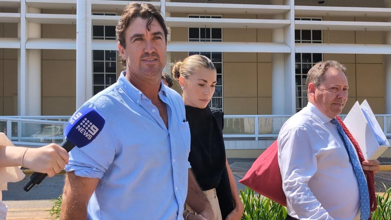 Outback Wrangler Matt Wright leaving the Supreme Court of the Northern Territory at Darwin on October 24, 2024, alongside his wife Kaia and his barrister David Edwardson. Picture: Zizi Averill