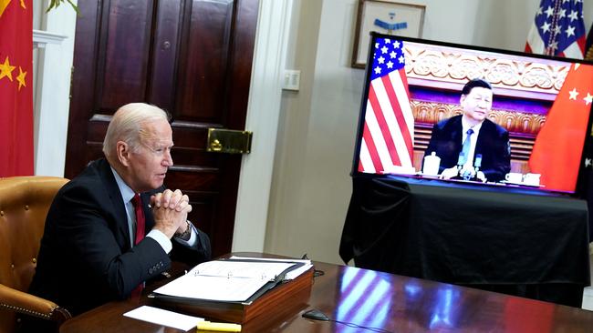 Joe Biden meets with Xi Jinping during a virtual summit from the Roosevelt Room of the White House in November. Picture: AFP