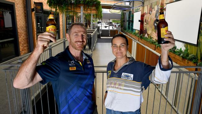 Martin Locke and Claire Schlothauer at Flinders Lane ready for the Cowboys home final on Saturday night. Picture: Evan Morgan