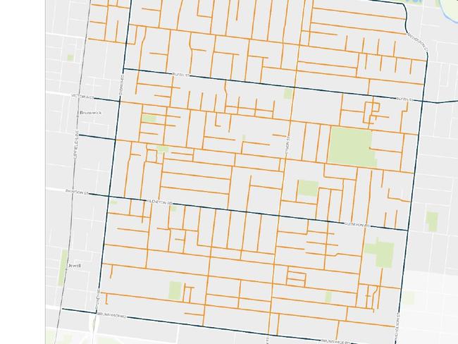 In Brunswick, the proposed 30km/h zone runs on all local roads (in yellow) between Albion St to Brunswick Rd, and Sydney Rd to Nicholson St. Picture: Supplied/ Merri-bek council.
