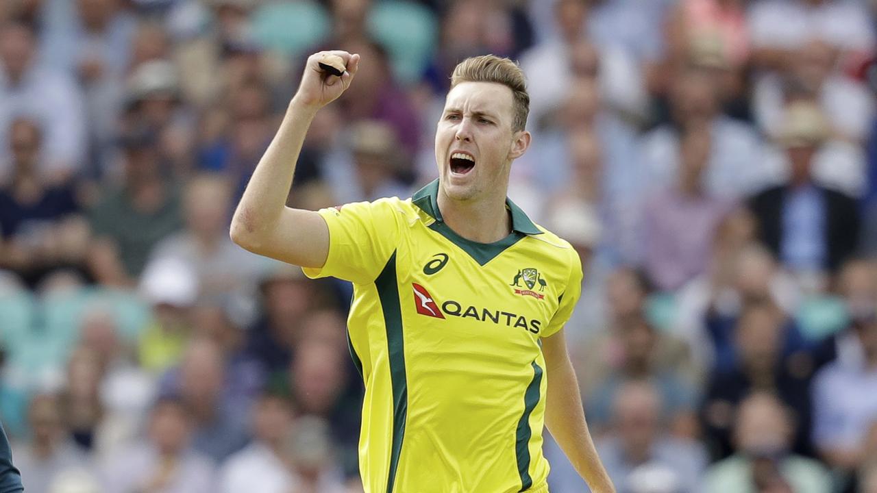 Australia's Billy Stanlake celebrates taking the wicket of England's Jason Roy in the first ODI.