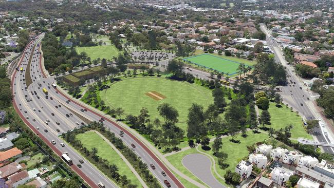 An artist’s impression of new recreation space at Balgowlah that would be created of the Beaches Link twin tunnels were ever built. Picture: NSW Government.