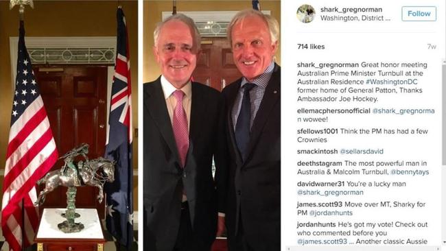 Greg Norman’s social media post of his dinner with the PM and Joe Hockey’s Washington home.