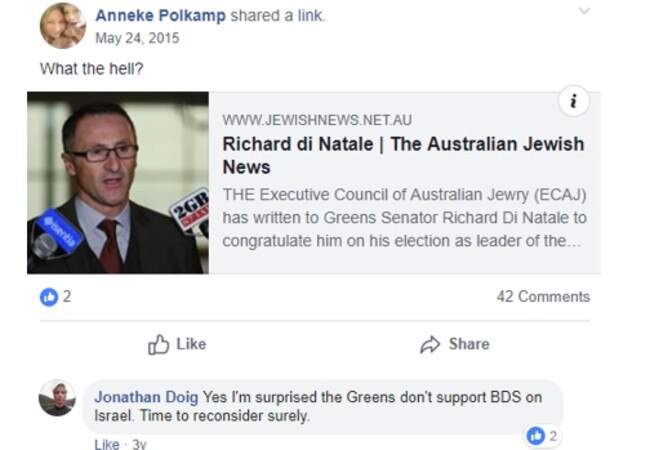 An anti-semitic Facebook comment by the Greens candidate for Cook, Jonathan Doig.