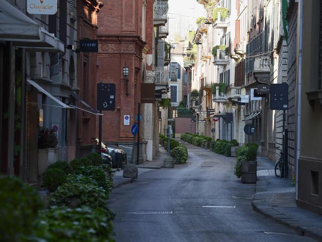 The deserted Via Santo Spirito in the Quadrilatero della mode fashion and luxury district in central Milan, Italy. Picture: AFP