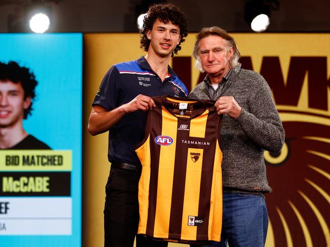 Will McCabe was taken as a father-son selection by Hawthorn – he is pictured with Hawks legend Michael Tuck on draft night. Picture: Michael Willson/AFL Photos via Getty Images