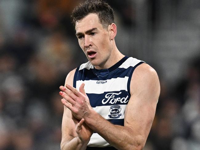 GEELONG, AUSTRALIA - JULY 06: Jeremy Cameron of the Cats celebrates kicking a goal during the round 17 AFL match between Geelong Cats and Hawthorn Hawks at GMHBA Stadium, on July 06, 2024, in Geelong, Australia. (Photo by Daniel Pockett/Getty Images)